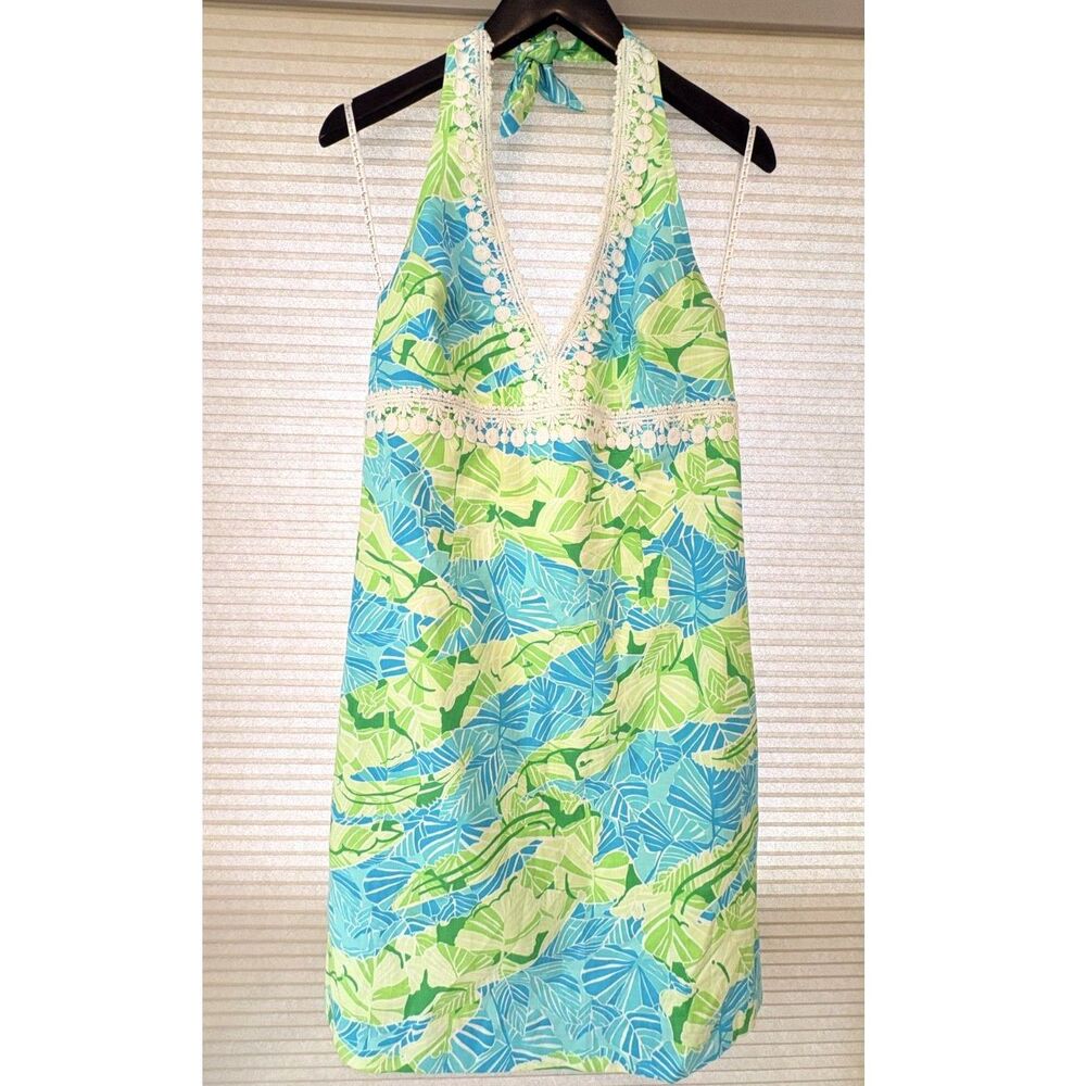 Vintage Lilly Pulitzer Cocoa Halter Dress Alligator Alley Print Green Pink Size